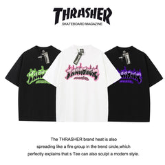 Thrasher Skateboard Magazine Short Sleeve Relaxed Fit T-Shirt - Pink Flame Print, Unisex.