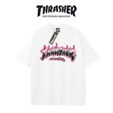 Thrasher Skateboard Magazine Short Sleeve Relaxed Fit T-Shirt - Pink Flame Print, Unisex.