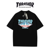 Thrasher Flame Logo Oversized Round Neck Comfort T-Shirt - Men Women Summer Casual Street Style.
