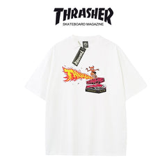 Thrasher Burning Skater Logo Loose Fit Cotton Tee - Unisex Street Fashion Skateboard Brand.