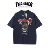Thrasher Horned Skull Print Black Loose Fit Short Sleeve T-Shirt | Dark Streetwear Skate.