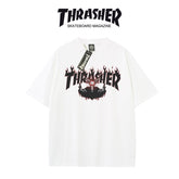 Thrasher Flaming Design Loose Fit Short Sleeve Cotton T-Shirt - Vintage Skateboard Aesthetic.