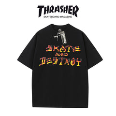 Thrasher Fire Skater Print Black Loose Fit Short Sleeve T-Shirt | Vintage Skate Streetwear.
