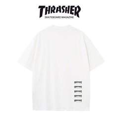 Thrasher Burning Skater Logo Loose Fit Cotton Tee - Unisex Street Fashion Skateboard Brand.