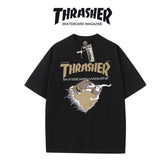 Thrasher Cartoon Skateboarder Print Black Loose Fit Short Sleeve T-Shirt | Fun Streetwear.