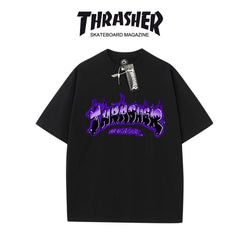 Thrasher Skateboard Magazine Short Sleeve Relaxed Fit T-Shirt - Pink Flame Print, Unisex.
