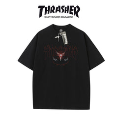 Thrasher Flaming Design Loose Fit Short Sleeve Cotton T-Shirt - Vintage Skateboard Aesthetic.