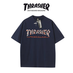 Thrasher Pattern Graphic Loose Fit Cotton Tee - Unisex Street Fashion Skateboard Brand.