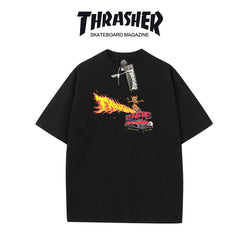 Thrasher Burning Skater Logo Loose Fit Cotton Tee - Unisex Street Fashion Skateboard Brand.