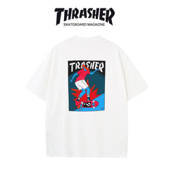 Thrasher Flame Skater Logo Oversized Round Neck Comfort T-Shirt - Men Women Summer Casual.