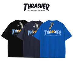 Thrasher Revista Print Loose Fit Cotton Tee - Unisex Street Fashion Skateboard Brand.