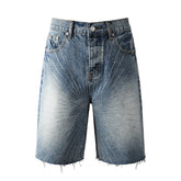Men’s Blue Denim Shorts with Rhinestone Sunburst Design and Raw Hem 5100