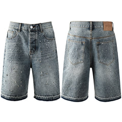 Luxury Hip Hop Denim Shorts with Glittering Rhinestone Embellishments and Vintage Washed Look 5102