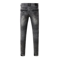 Men Streetwear Jeans Distressed Grey Ripped Patch Leopard Skinny 9102