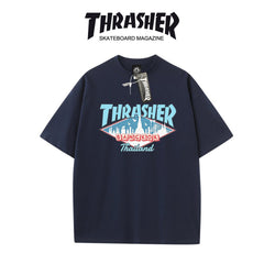 Thrasher Flame Logo Oversized Round Neck Comfort T-Shirt - Men Women Summer Casual Street Style.