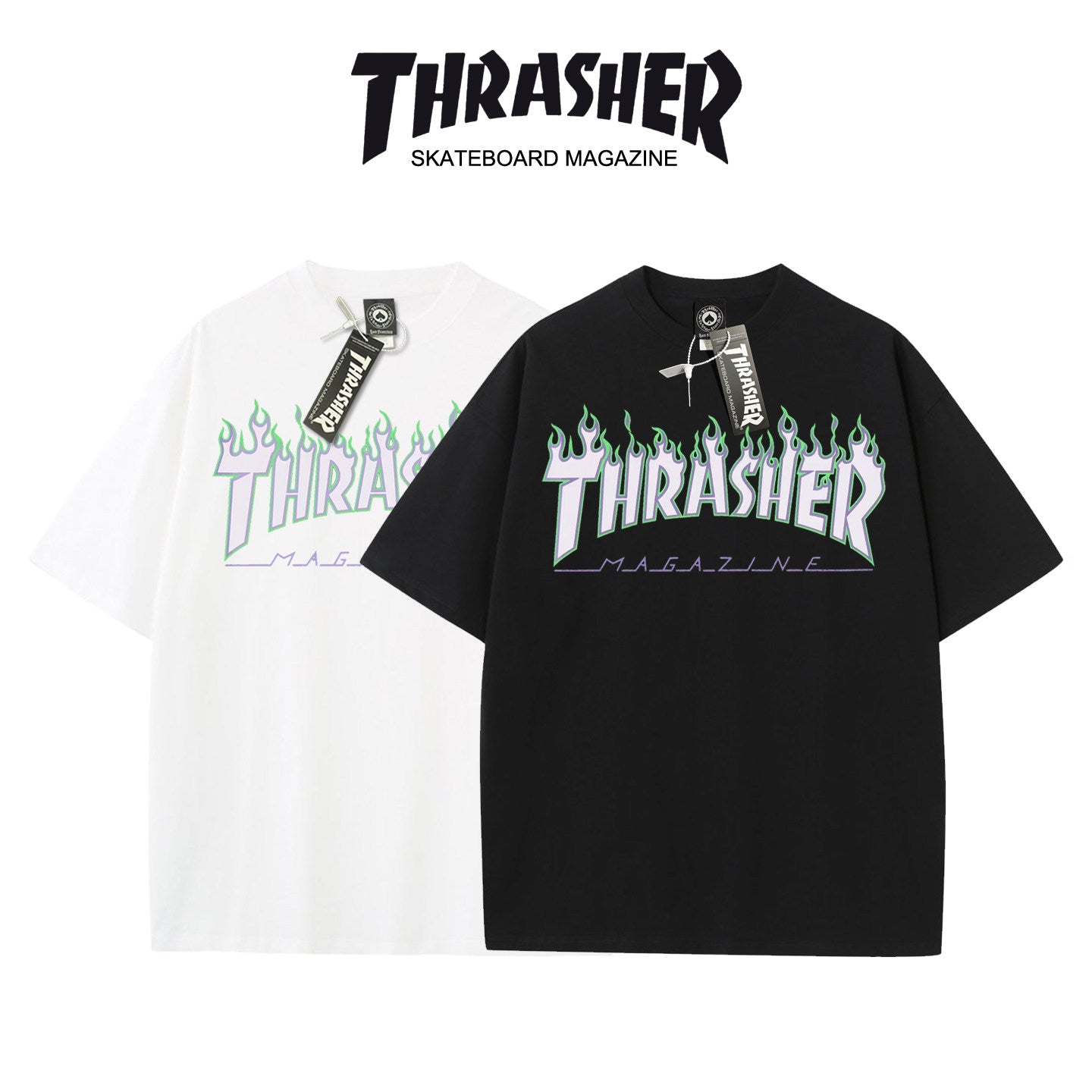 Thrasher Flaming Logo Black Loose Fit Short Sleeve T-Shirt | Iconic Skate Streetwear.