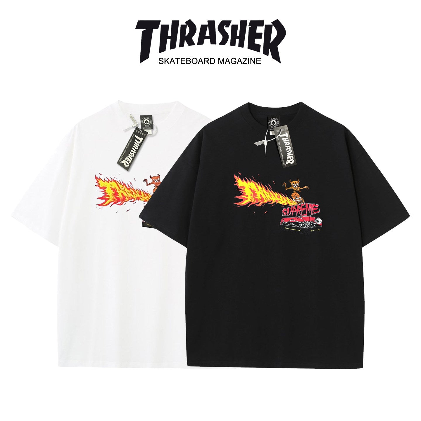 Thrasher Burning Skater Logo Loose Fit Cotton Tee - Unisex Street Fashion Skateboard Brand.