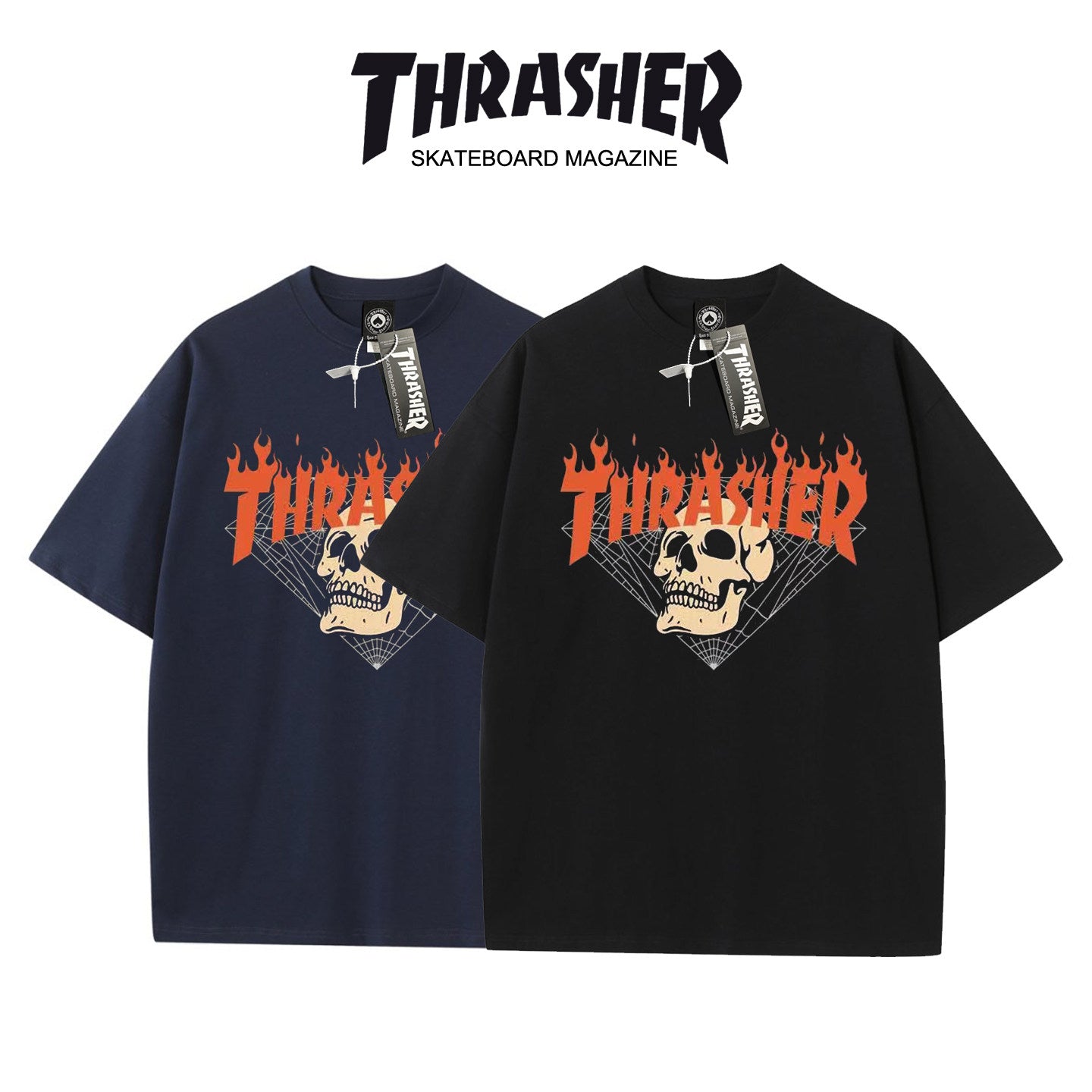Thrasher Flaming Skull Logo Black Loose Fit Short Sleeve T-Shirt | Dark Street Skatewear.