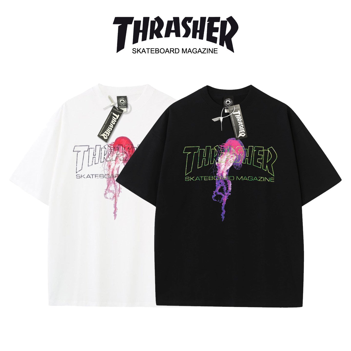 Thrasher New Summer Casual T-Shirt with Flame and Jellyfish Design.