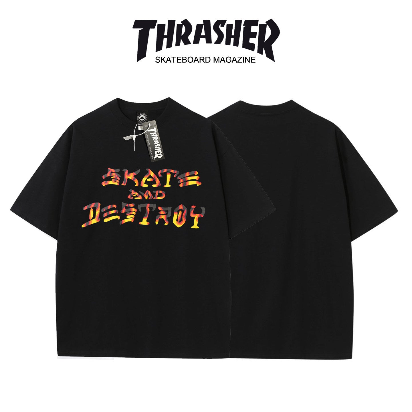 Thrasher Fire Skater Print Black Loose Fit Short Sleeve T-Shirt | Vintage Skate Streetwear.