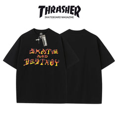 Thrasher Fire Skater Print Black Loose Fit Short Sleeve T-Shirt | Vintage Skate Streetwear.