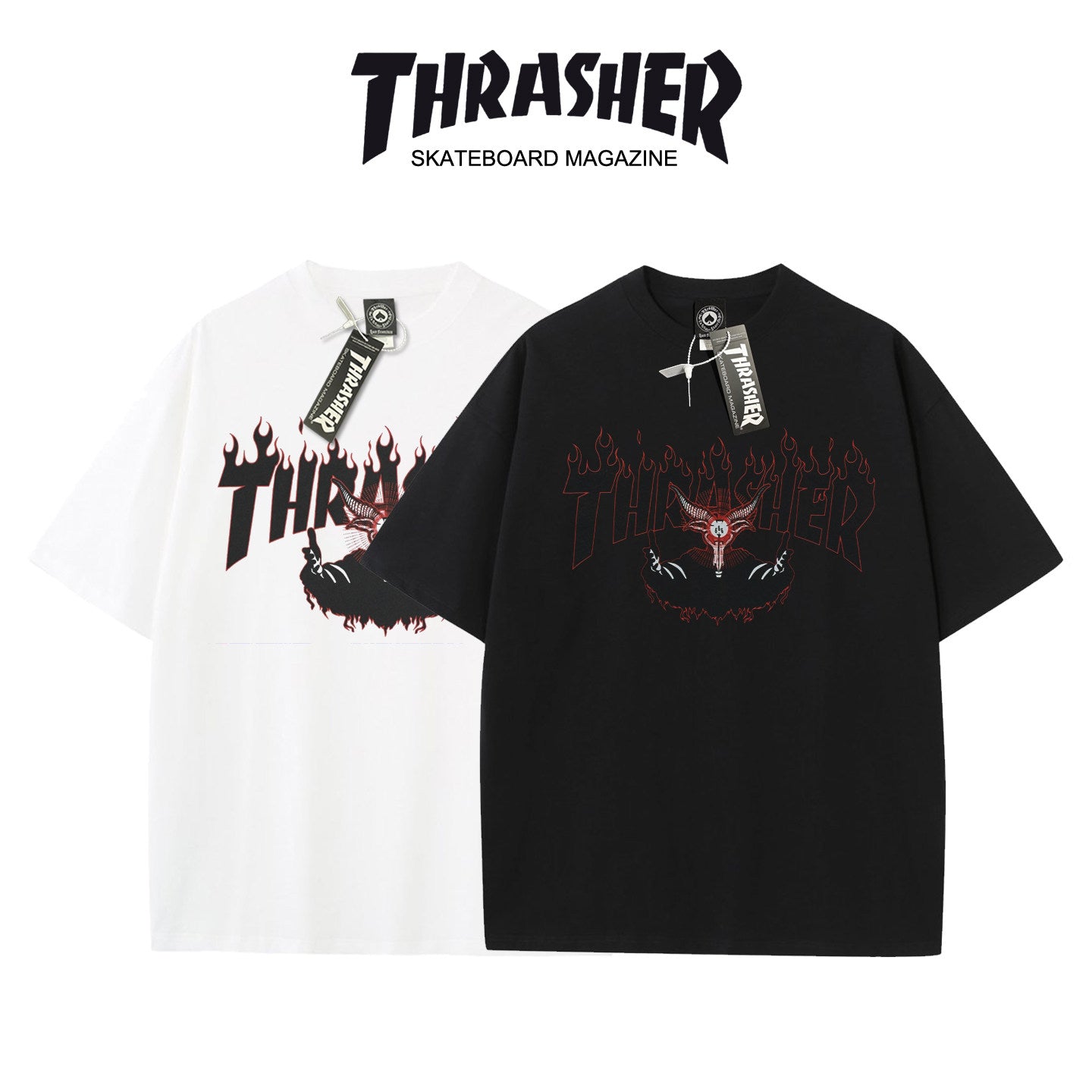 Thrasher Flaming Design Loose Fit Short Sleeve Cotton T-Shirt - Vintage Skateboard Aesthetic.