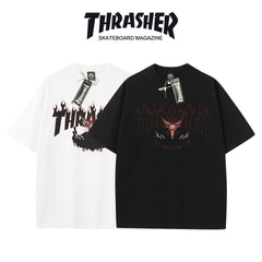 Thrasher Flaming Design Loose Fit Short Sleeve Cotton T-Shirt - Vintage Skateboard Aesthetic.