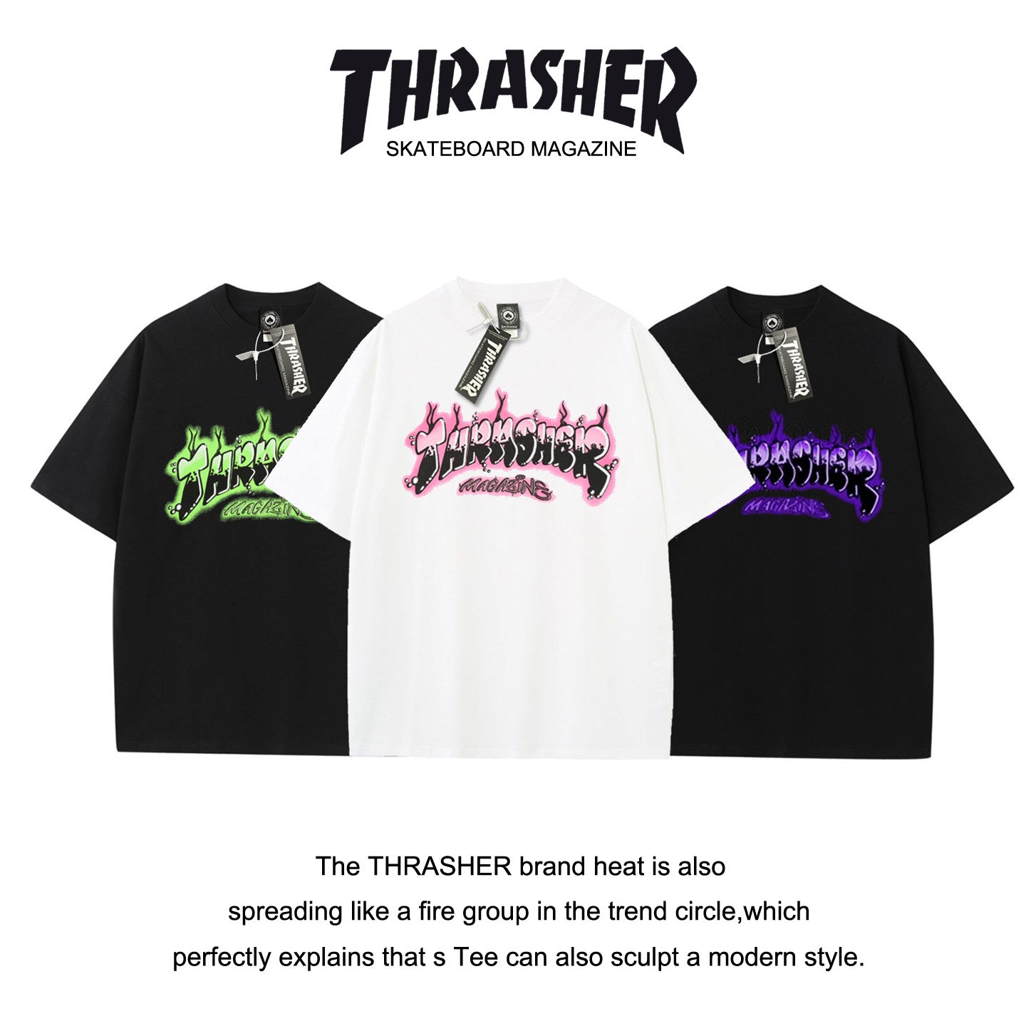 Thrasher Skateboard Magazine Short Sleeve Relaxed Fit T-Shirt - Pink Flame Print, Unisex.