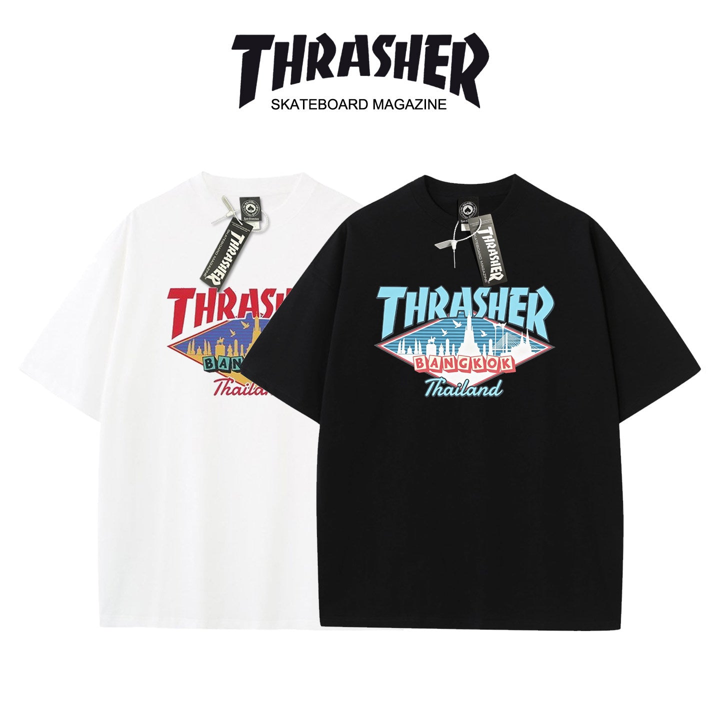 Thrasher Flame Logo Oversized Round Neck Comfort T-Shirt - Men Women Summer Casual Street Style.