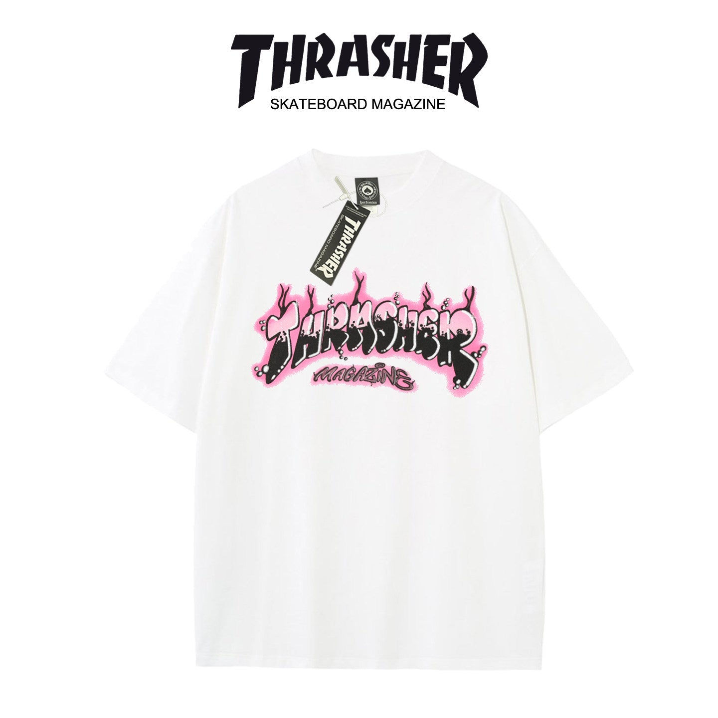 Thrasher Skateboard Magazine Short Sleeve Relaxed Fit T-Shirt - Pink Flame Print, Unisex.