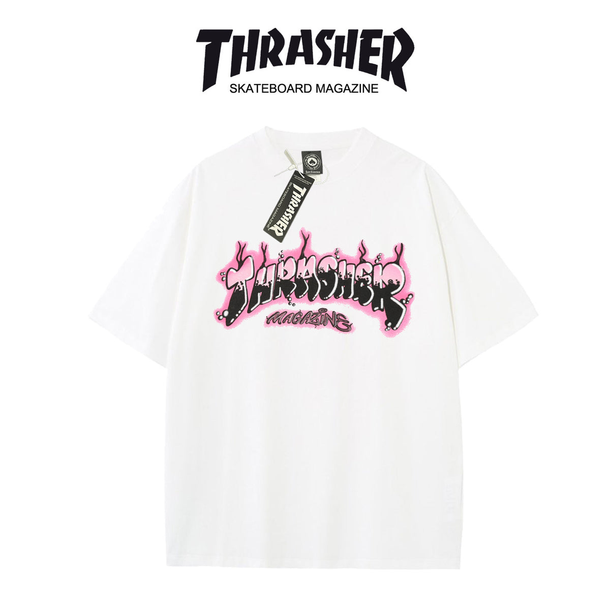 Thrasher Skateboard Magazine Short Sleeve Relaxed Fit T-Shirt - Pink Flame Print, Unisex.