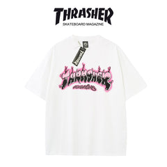 Thrasher Skateboard Magazine Short Sleeve Relaxed Fit T-Shirt - Pink Flame Print, Unisex.