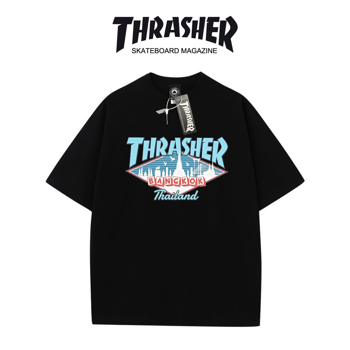 Thrasher Flame Logo Oversized Round Neck Comfort T-Shirt - Men Women Summer Casual Street Style.