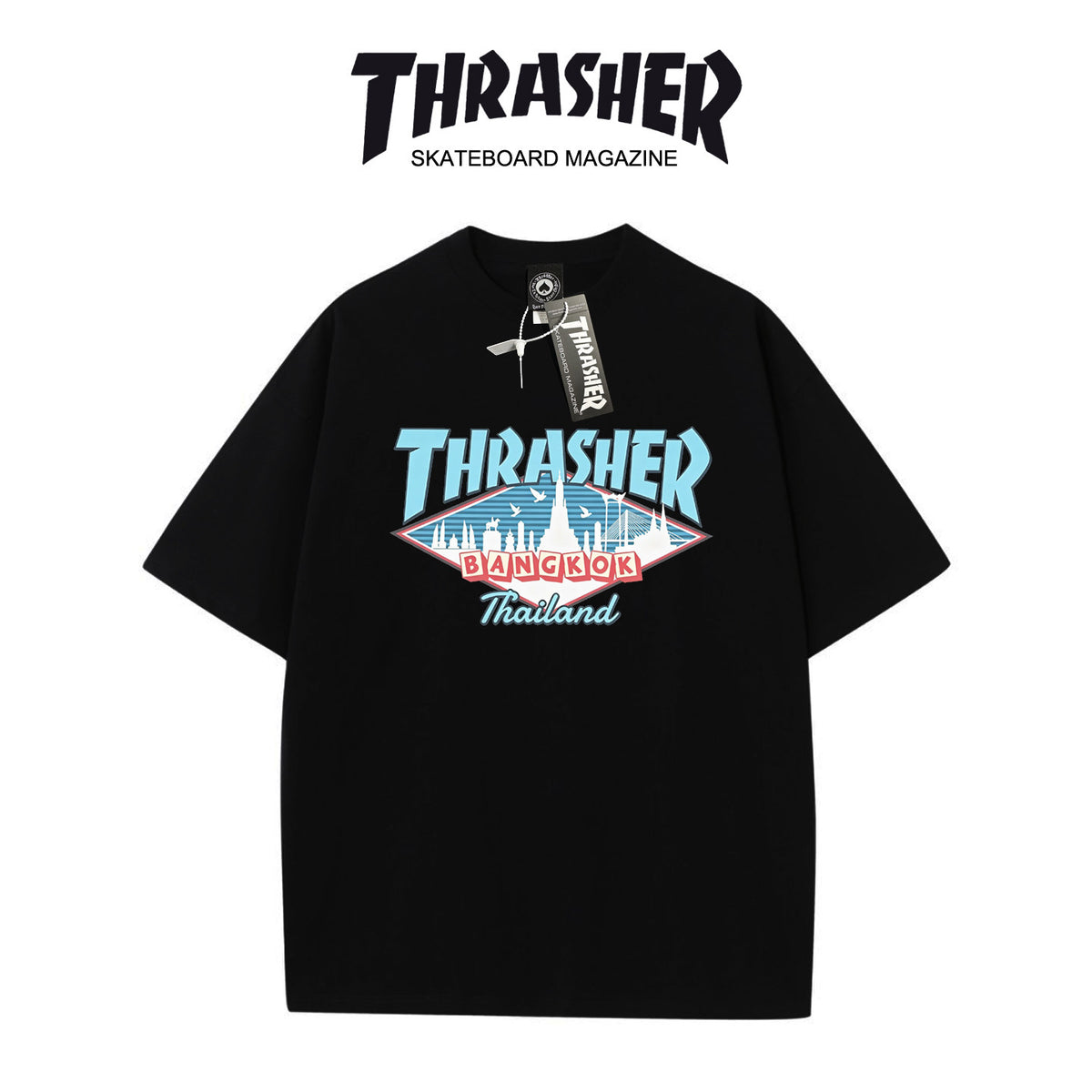 Thrasher Flame Logo Oversized Round Neck Comfort T-Shirt - Men Women Summer Casual Street Style.