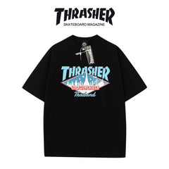 Thrasher Flame Logo Oversized Round Neck Comfort T-Shirt - Men Women Summer Casual Street Style.