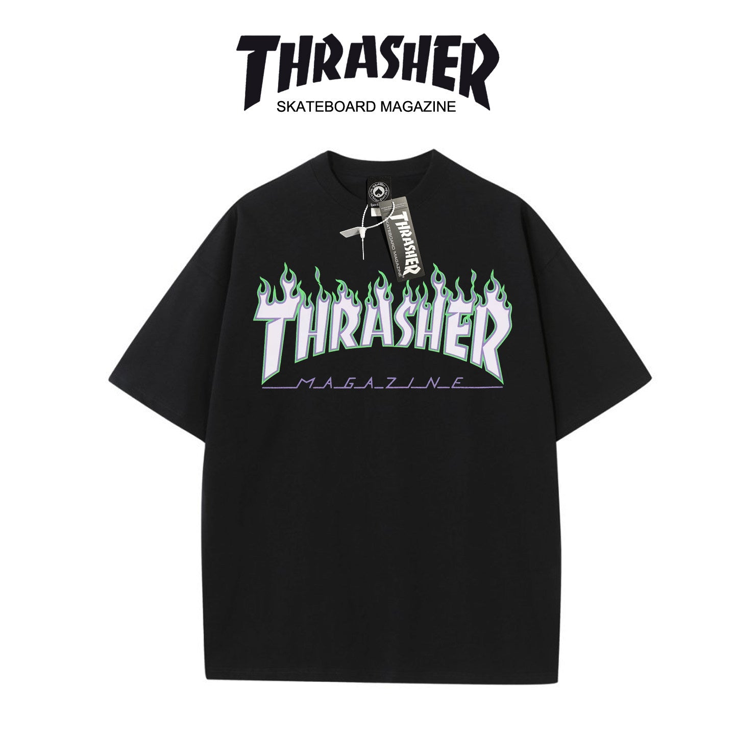 Thrasher Flaming Logo Black Loose Fit Short Sleeve T-Shirt | Iconic Skate Streetwear.