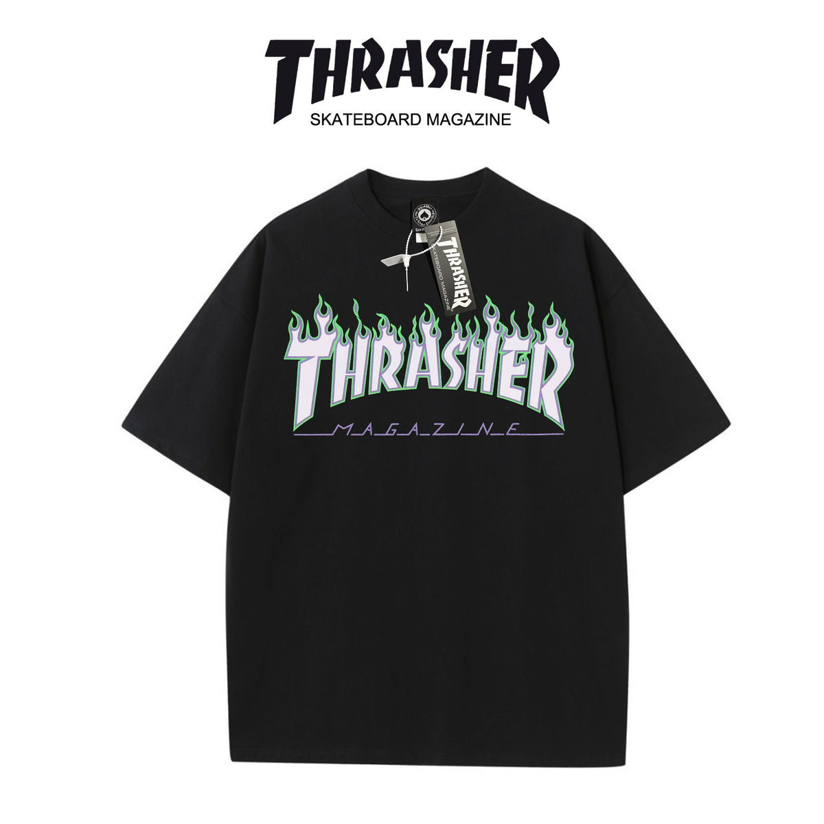 Thrasher Flaming Logo Black Loose Fit Short Sleeve T-Shirt | Iconic Skate Streetwear.