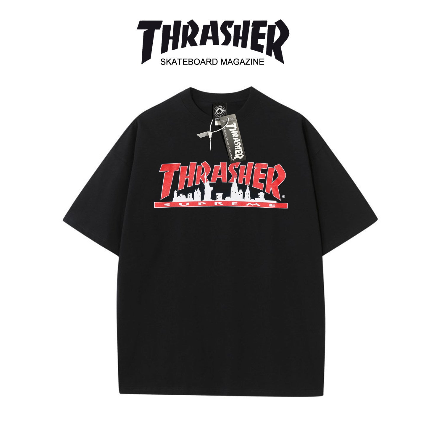 Thrasher Skyline Graphic Print Loose Fit Short Sleeve T-Shirt | Street Skatewear Black Tee.