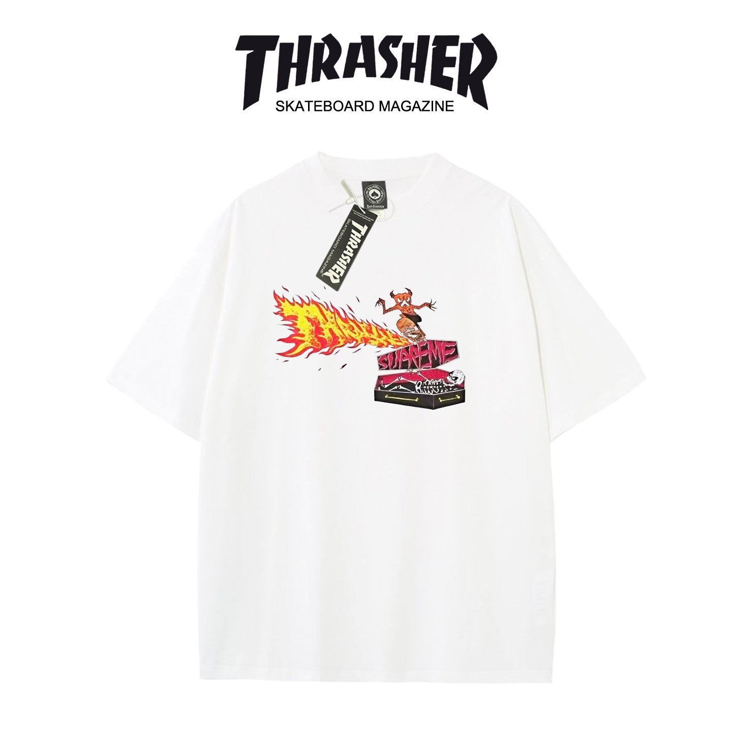 Thrasher Burning Skater Logo Loose Fit Cotton Tee - Unisex Street Fashion Skateboard Brand.