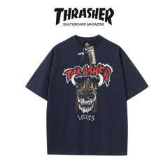 Thrasher Horned Skull Print Black Loose Fit Short Sleeve T-Shirt | Dark Streetwear Skate.