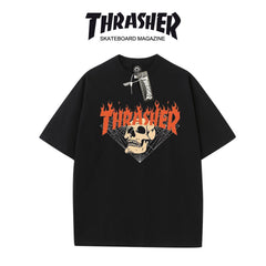 Thrasher Flaming Skull Logo Black Loose Fit Short Sleeve T-Shirt | Dark Street Skatewear.