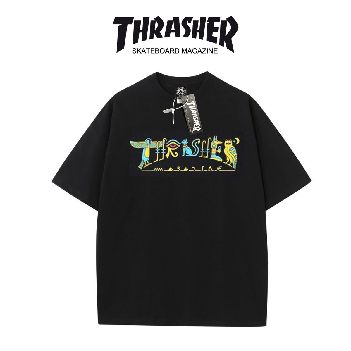 Thrasher Colorful Abstract Flame Logo Black Loose Fit Short Sleeve T-Shirt | Street Skatewear.