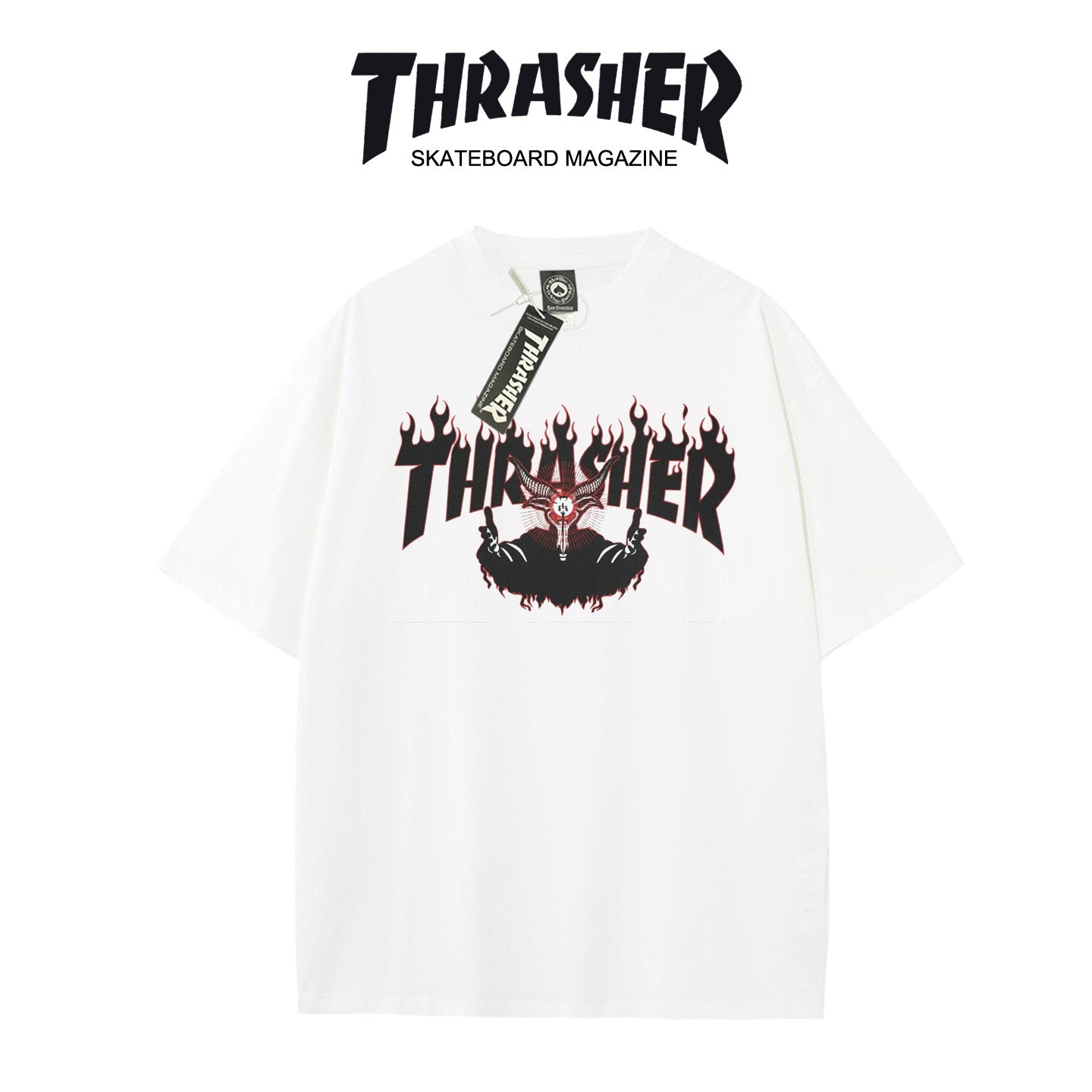 Thrasher Flaming Design Loose Fit Short Sleeve Cotton T-Shirt - Vintage Skateboard Aesthetic.
