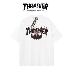 Thrasher Flaming Design Loose Fit Short Sleeve Cotton T-Shirt - Vintage Skateboard Aesthetic.