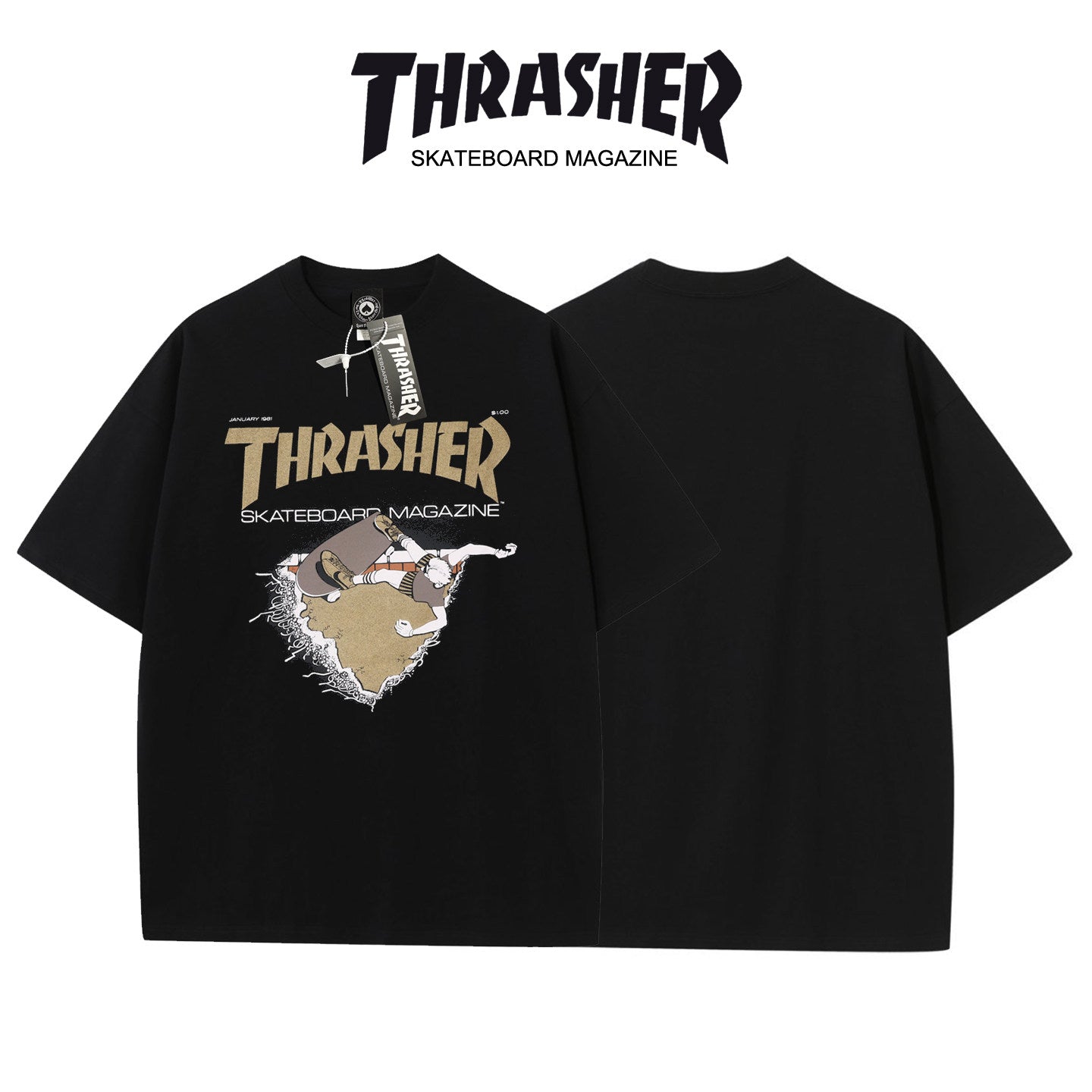 Thrasher Cartoon Skateboarder Print Black Loose Fit Short Sleeve T-Shirt | Fun Streetwear.