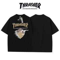 Thrasher Cartoon Skateboarder Print Black Loose Fit Short Sleeve T-Shirt | Fun Streetwear.