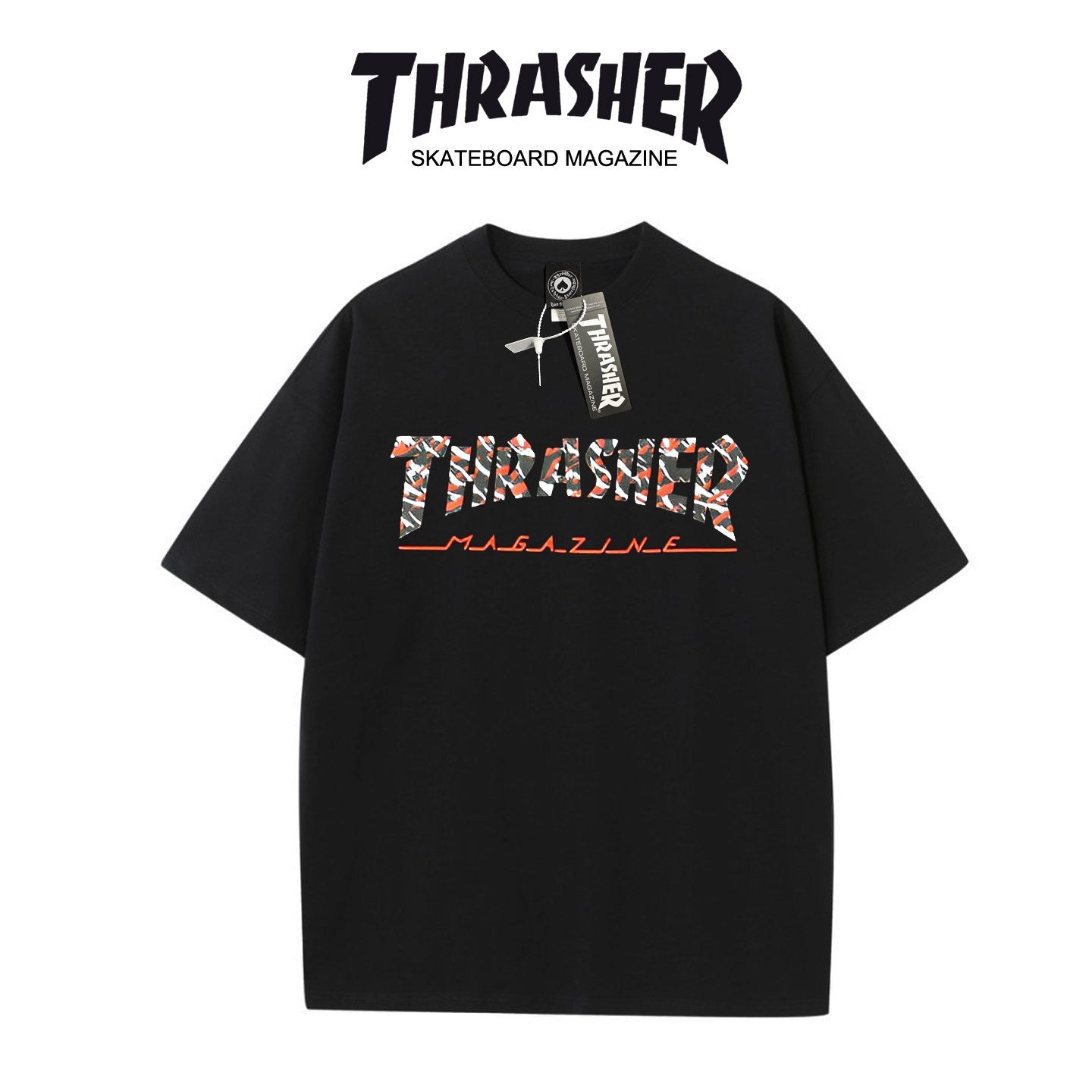 Thrasher Pattern Graphic Loose Fit Cotton Tee - Unisex Street Fashion Skateboard Brand.