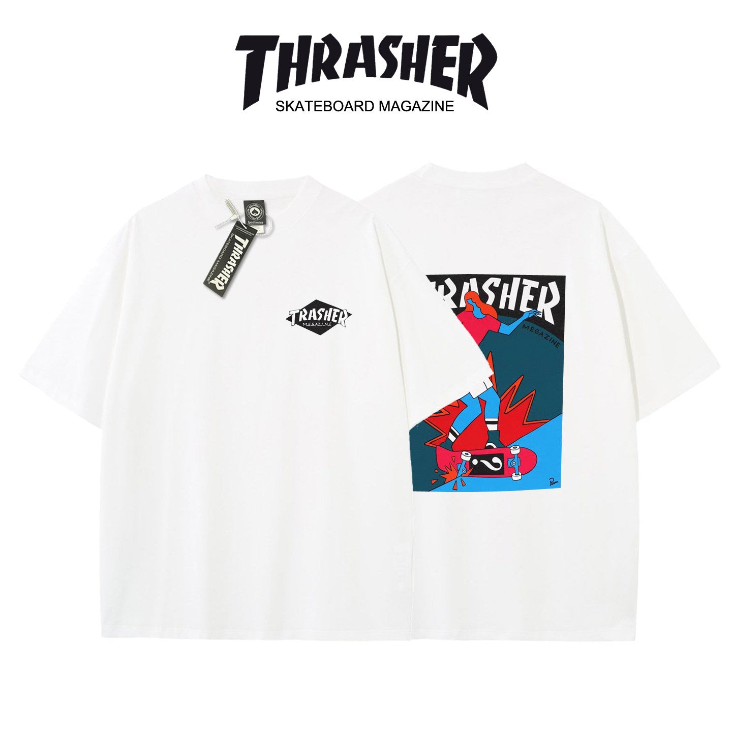 Thrasher Flame Skater Logo Oversized Round Neck Comfort T-Shirt - Men Women Summer Casual.