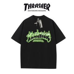 Thrasher Skateboard Magazine Short Sleeve Relaxed Fit T-Shirt - Pink Flame Print, Unisex.