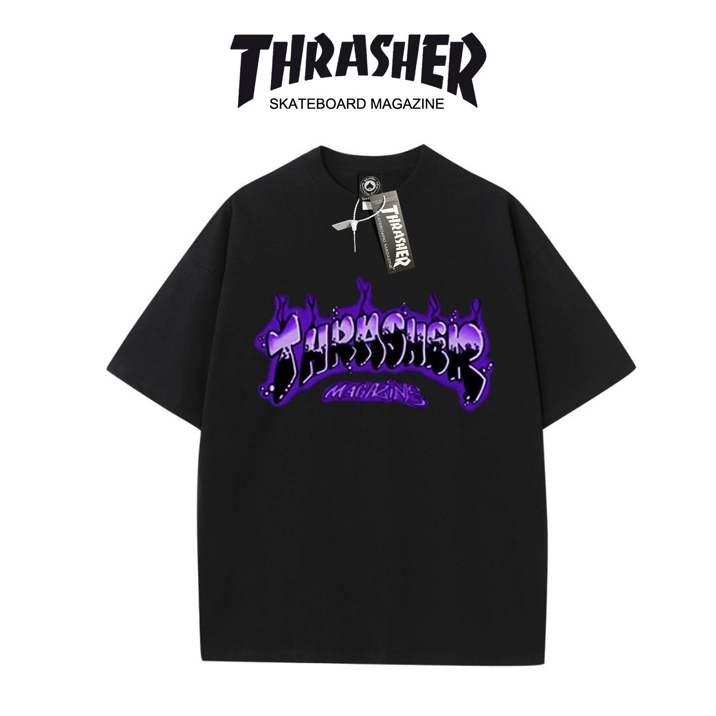 Thrasher Skateboard Magazine Short Sleeve Relaxed Fit T-Shirt - Pink Flame Print, Unisex.